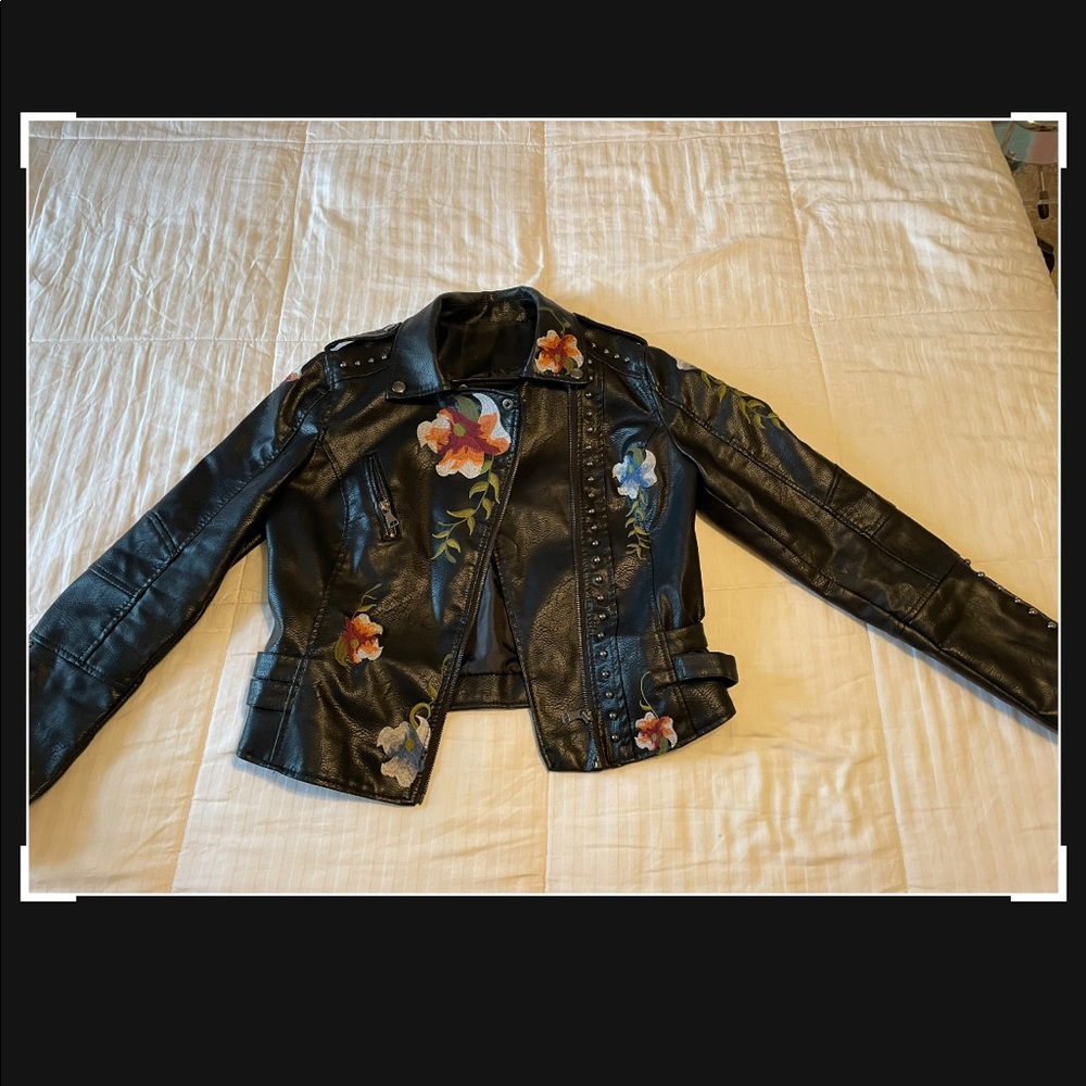 Black faux leather embroidered jacket with studs!